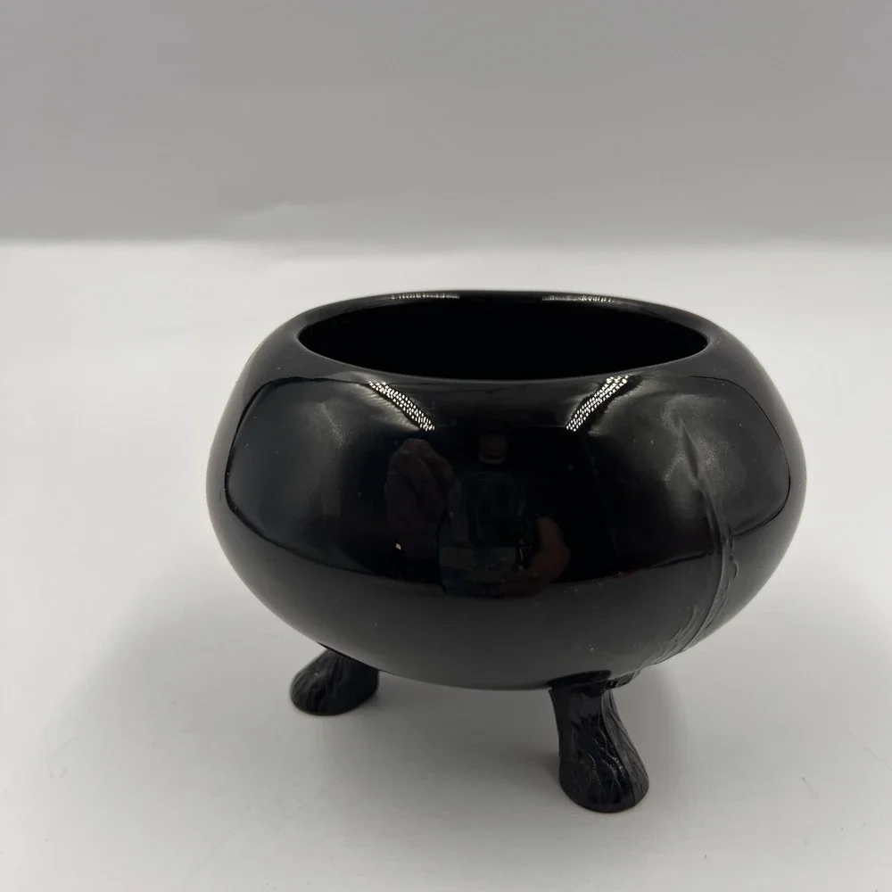 Vintage Black Glass Three Leg Footed Bowl Planter Centerpiece Mid Century Decor